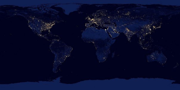 Снимок ночной Земли, сделанный со спутника NASA.