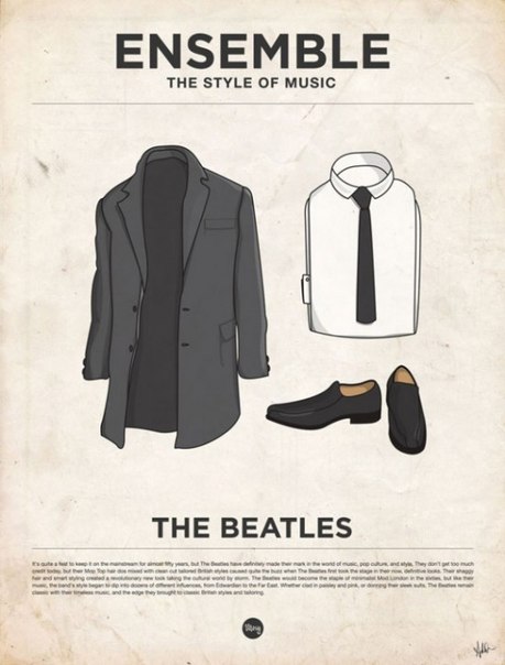 Художник и дизайнер,скрывающийся под псевдонимом Moxy Creative, создал серию постеров под названием «The Style Of Music». В каждой отдельной работе изображены предметы гардероба музыкальной звезды, которую сразу можно угадать, по характерным нарядам.