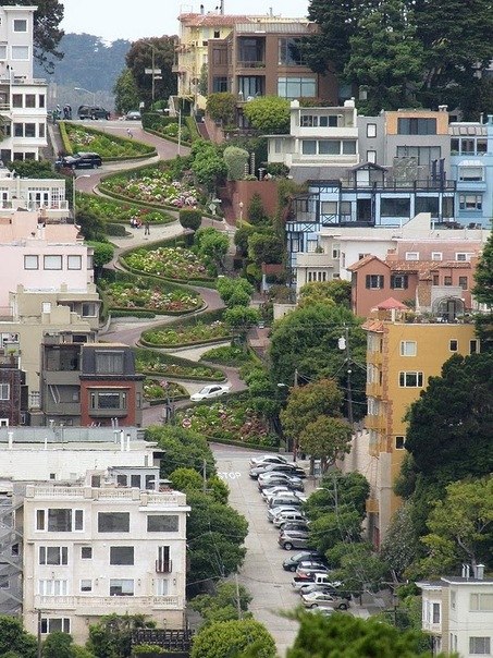Самая кривая улица в мире - Ломбард-стрит в Сан-Франциско