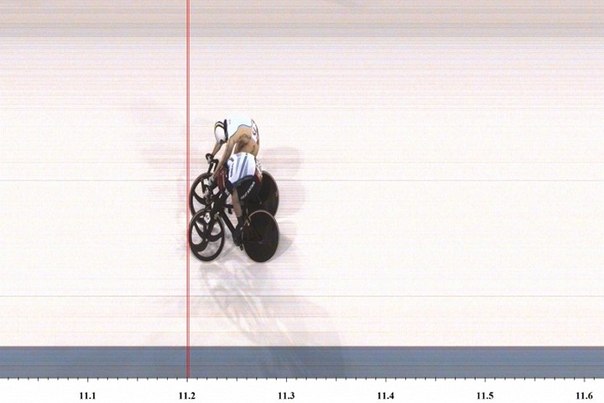 Фотофиниш состязаний по велотрековому индивидуальному спринту, показывающий, что британка Виктория Пендлтон обходит австралийку Анну Мирс на 1/1000 секунды.