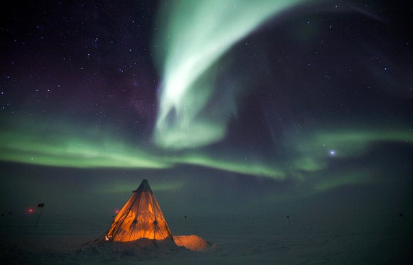 Южное полярное сияние горит в небе над брезентовой палаткой на антарктической станции «Амундсен – Скотт».
