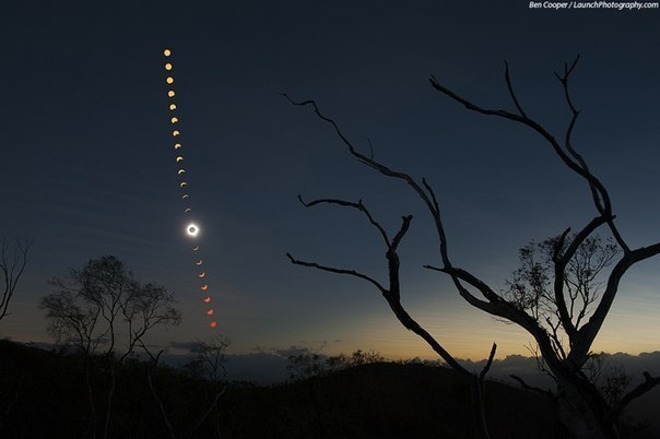 Фазы Луны 14 ноября 2012-го года снятые астрономом любителем Белом Купером в Австралии. В центре - полное солнечное затмение, произошедшее в тот день.