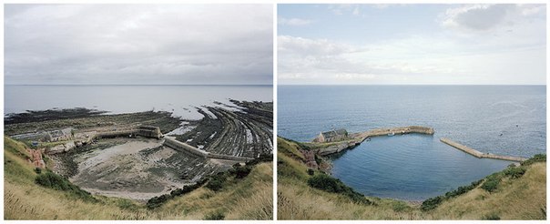Английский фотограф Майкл Мартен создал удивительную серию фотографий, на которых запечатлены одни и те же пейзажи во время отлива и во время прилива воды.
