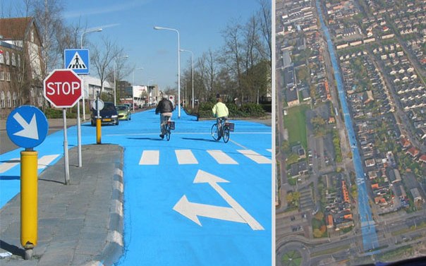 В рамках экологической кампании главную улицу голландского города Драхтена выкрасили голубой краской.