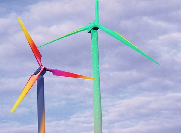 Художник Хорст Гласкер создает рисунки на ветряных мельницах  в рамках своего проекта Aero Art installation.