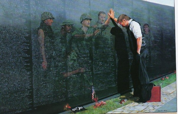 Ли Тетер, "Отражения Вьетнама", 1988 г. На картине изображен ветеран Вьетнама Джим Вильямс и его погибшие однополчане.