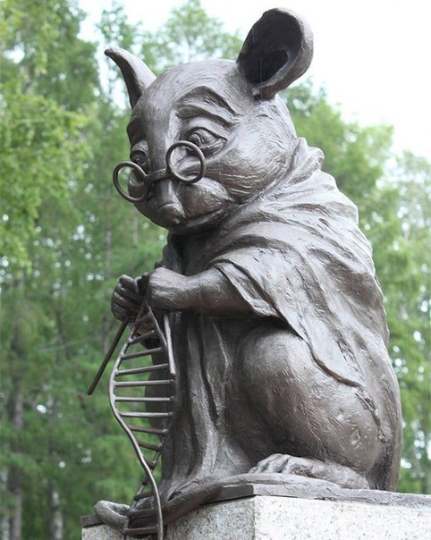 Памятник лабораторной мыши, вяжущей нить ДНК в Новосибирске