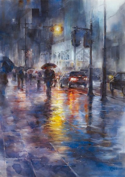 Дождливые улицы мегаполиса в акварелях тайваньского художника Линь Цзин-Че