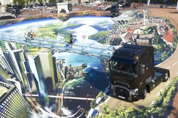 В поддержку новой линейки грузовиков Renault известный уличный художник Франсуа Абелянет нарисовал на площади в Лионе гигантский рисунок в формате 3D. Изображение состоит из четырех частей, общая площадь которых составила аж 4000 квадратных метров. На рисунке автор изобразил целый город со зданиями, мостами и рекой.