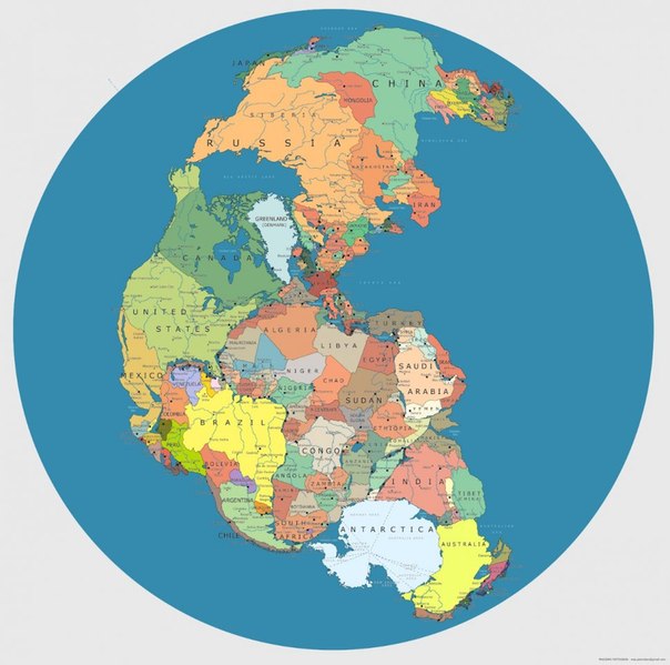 Единый древний континент Пангея, расколовшийся примерно 200—210 миллионов лет назад, с современными геополитическими границами