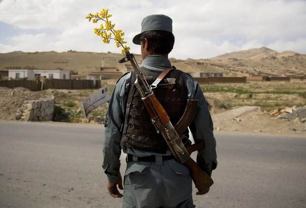 Офицер национальной полиции дежурит на контрольно-пропускном пункте в городе Майданшахр, Афганистан
