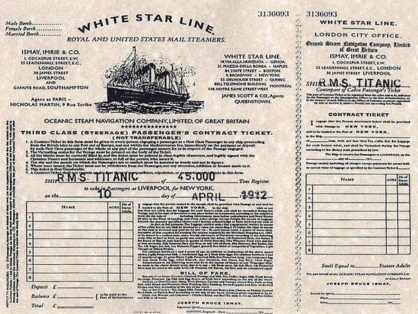 Билет с «Титаника»,1912 год.