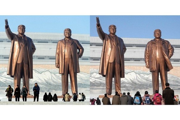 Статуя Ким Чен Ира, на которой по решению Трудовой партии Кореи легкое пальто было заменено на теплую куртку, Пхеньян, КНДР.