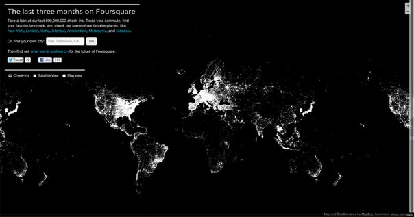 Foursquare поместил на карту мира 500.000.000 чекинов