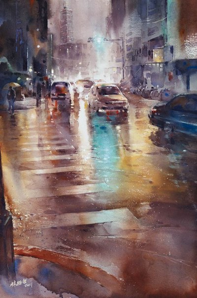 Дождливые улицы мегаполиса в акварелях тайваньского художника Линь Цзин-Че